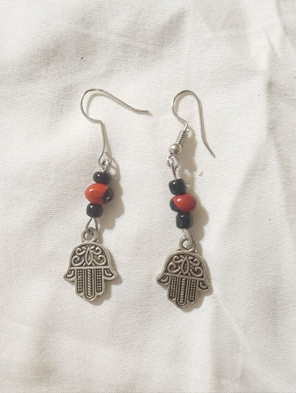 Silver Hamsa Dangle Earrings with Red and Black Beads